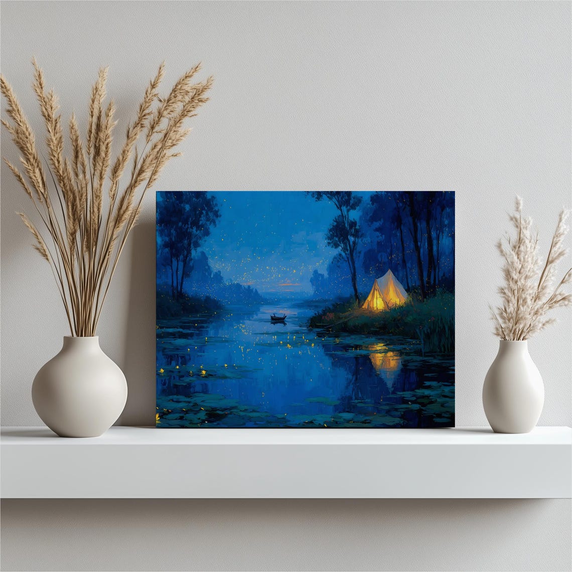 Glowing Tent on Moonlit Lakeshore with Fireflies Night Painting Poster