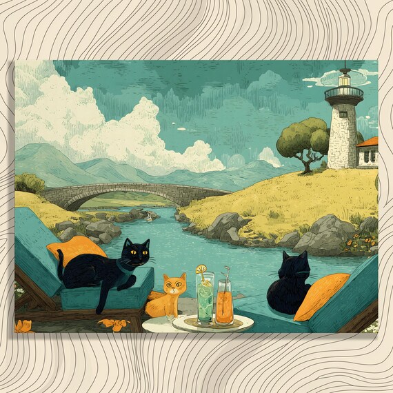 Three Cats Lighthouse Coastal River Stone Bridge Summer Trip Print