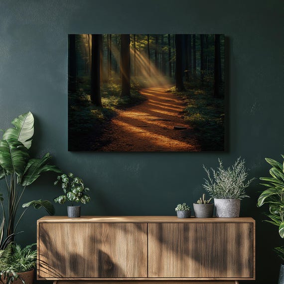 Forest Pathway Canvas Wall Art Sunlight Filtering Through Trees Picture Nature Landscape Poster Adventure Trail Greenery Unique Home Decor