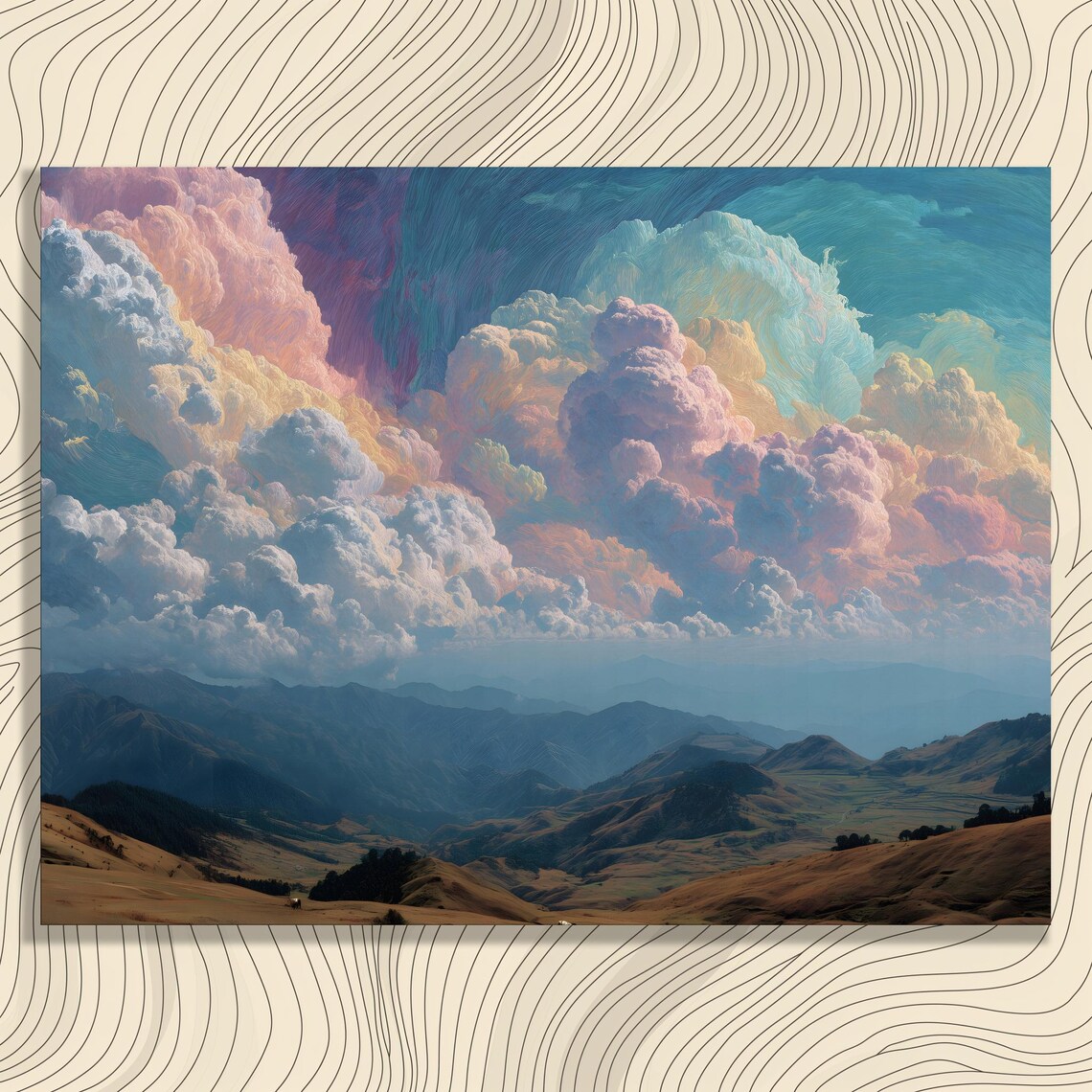 Colorful Cloudscape Over Mountain Valley Dreamy Pastel Sky Art Poster