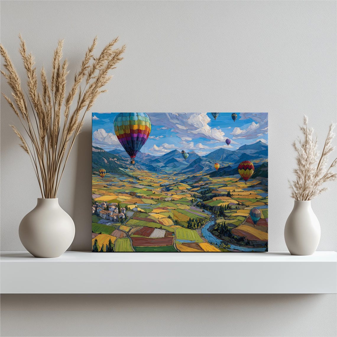 Hot Air Balloons Over Patchwork Valley Impressionist Landscape Print