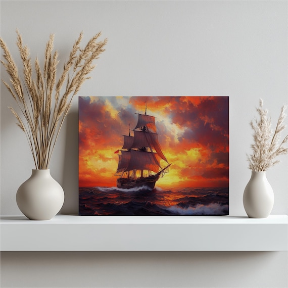 Tall Sailing Ship On Fiery Orange Sunset Ocean Dramatic Painting Poster