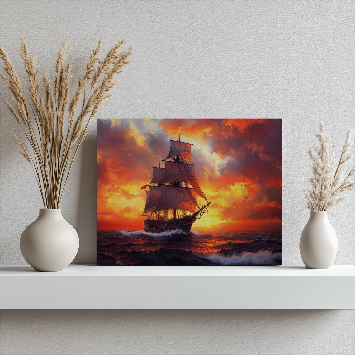 Tall Sailing Ship On Fiery Orange Sunset Ocean Dramatic Painting Poster