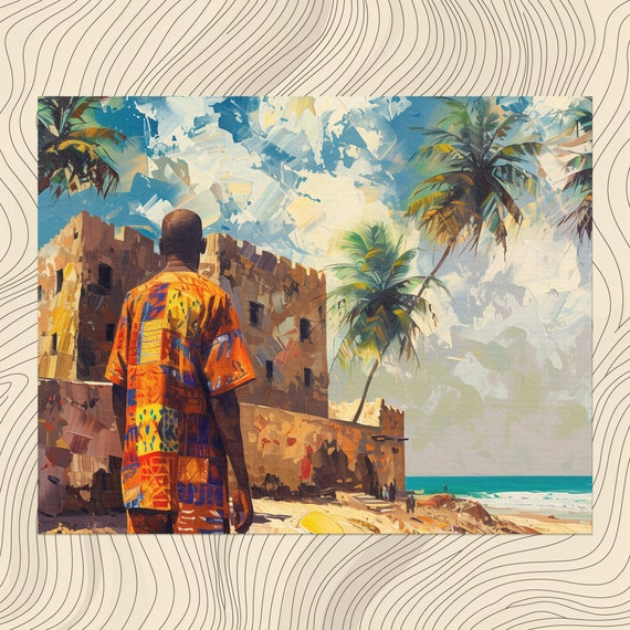 Ghana Canvas Wall Art Majestic Landscape And Traditional Elements Detailed Oil Paint Print Cape Coast Castle Cultural Masterpiece High