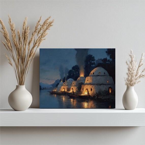 Twilight Kilns River Canvas Wall Art Moody Rustic Industrial Landscape Firelight Reflections On Riverbank Classic Impressionist Dusk Sky