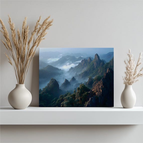 Misty Mountain Valley Canvas Wall Art Photorealistic Foggy Landscape Nature Print Wilderness Decor Green Blue Forest View