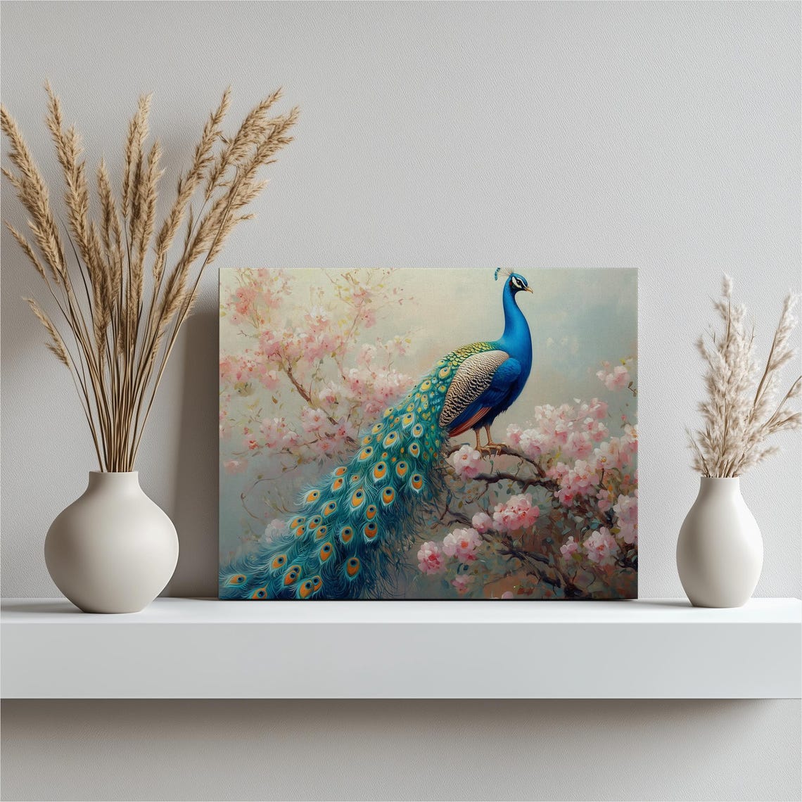 Peacock With Iridescent Tail Among Pink Blossoms Floral Poster