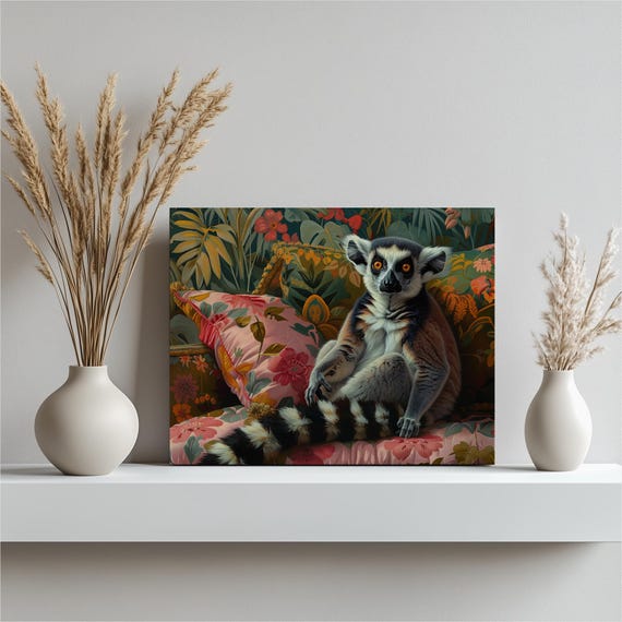 Ring Tailed Lemur Canvas Wall Art Decorative Jungle Print Vintage Style Home Decor Wildlife Painting Lush Living Room Scene Elegant