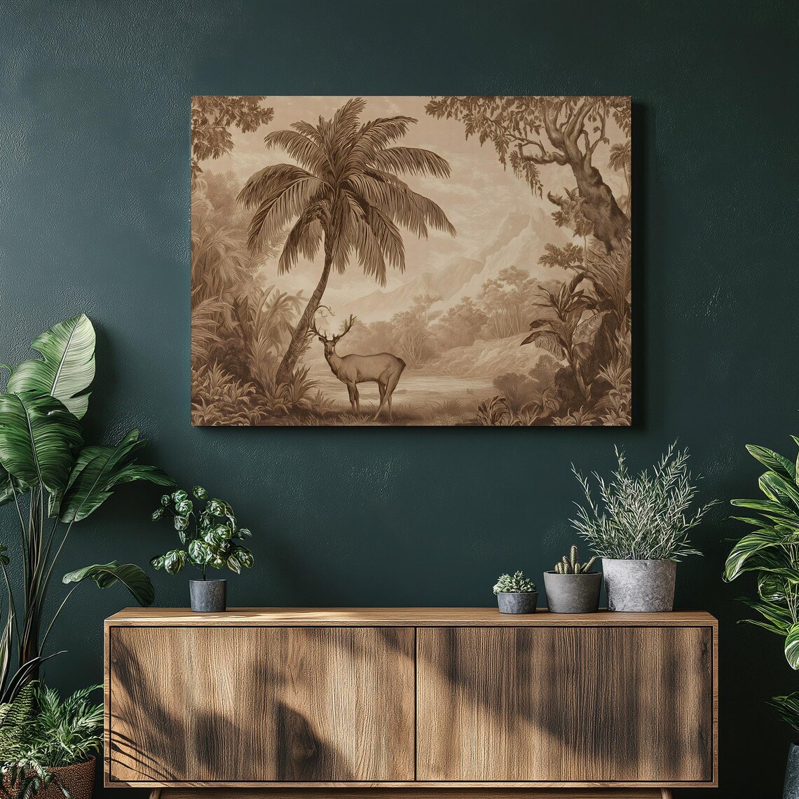 Stag Deer Tropical Jungle Sepia Engraving Wildlife Artwork Poster