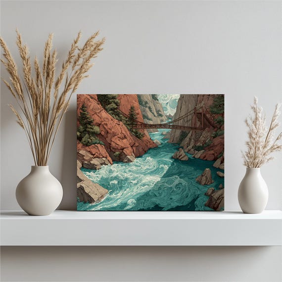 River Canyon Canvas Wall Art Rustic Landscape Print Turquoise Rapids Wooden Bridge Sandstone Cliff Walls Pine Trees Wilderness