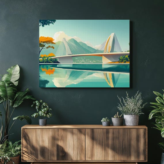Modern Bridge Canvas Wall Art Contemporary Landscape Print Cable Stayed Reflective Mountain Lake For Decor