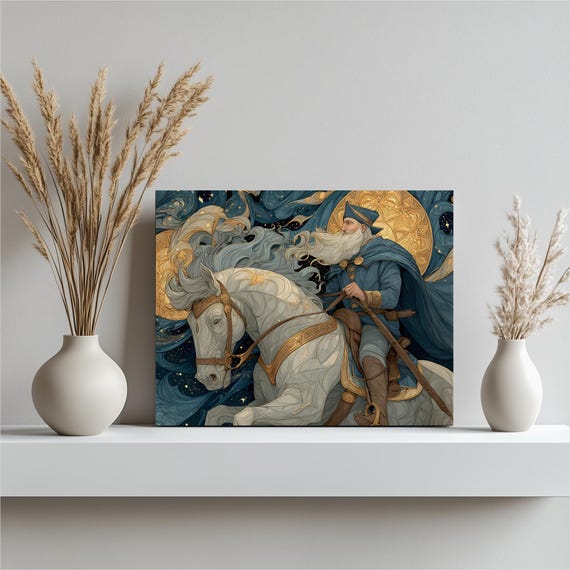 Wizard White Horse Night Rider Celestial Starry Fantasy Art Poster