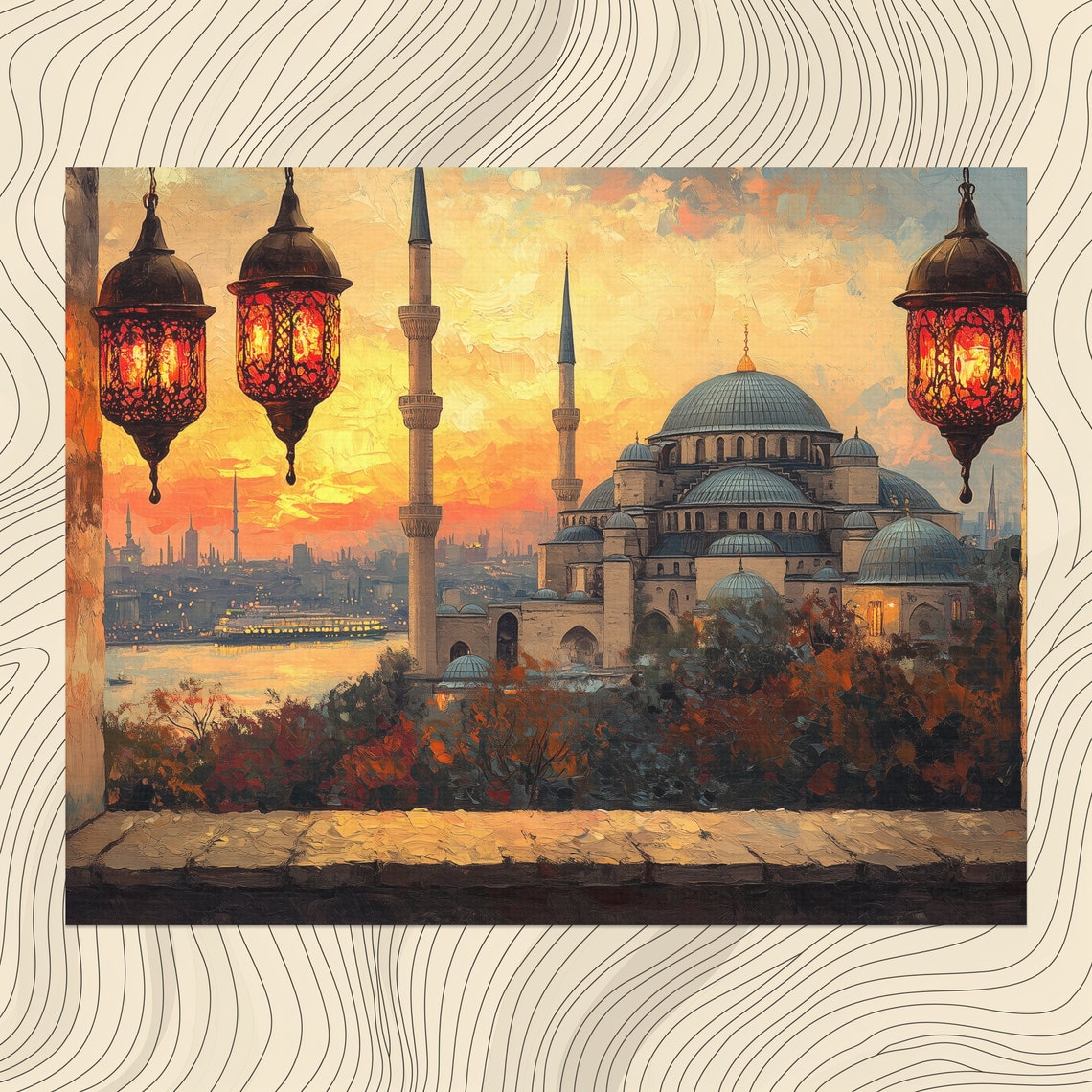 Istanbul Turkey Blue Mosque Sunset Turkish Lanterns Painting Poster