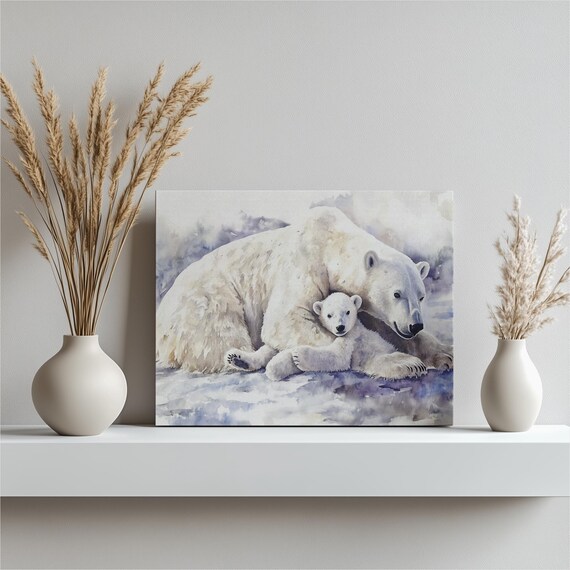 Polar Bear Canvas Wall Art Modern Wildlife Painting Of Mother And Cub In Serene Arctic Landscape White Blue Decor For Animal Lovers