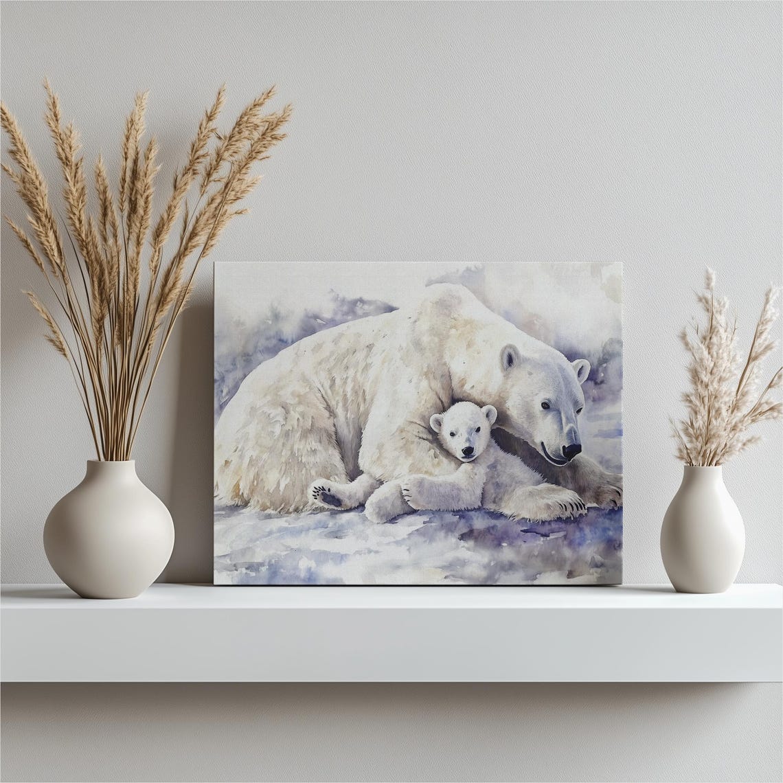 Polar Bear Mother and Cub Cuddling on Snow Watercolor Wildlife Print