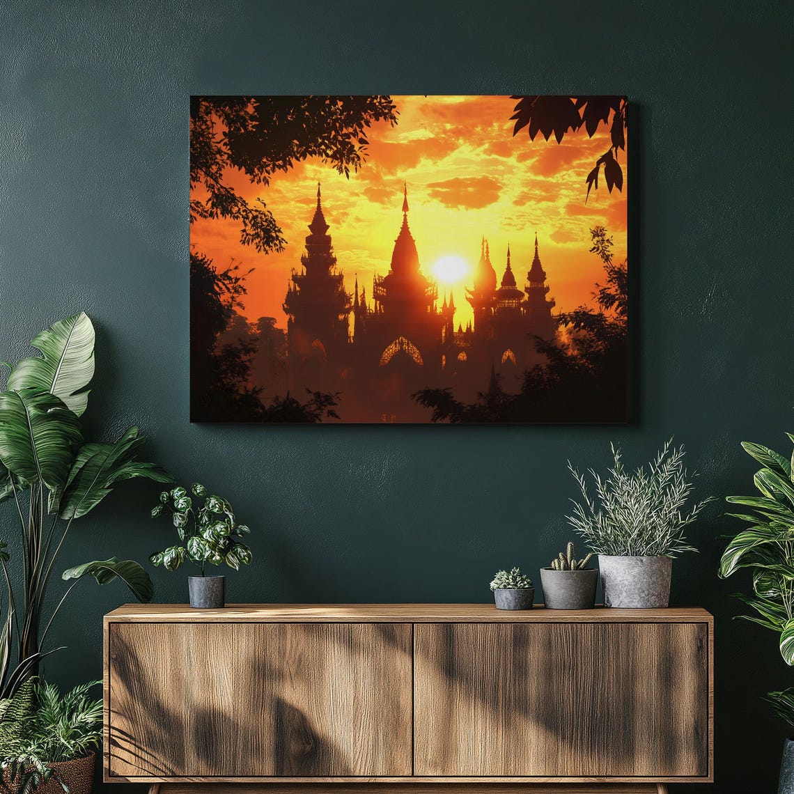 Asian Temple Spires Silhouette at Dramatic Orange Sunset Poster