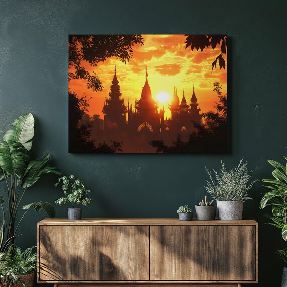 Temple Sunset Silhouette Canvas Wall Art Dramatic Spires Skyline At Dusk Nature Decor Orange Sky Landscape Print Modern Travel Gift