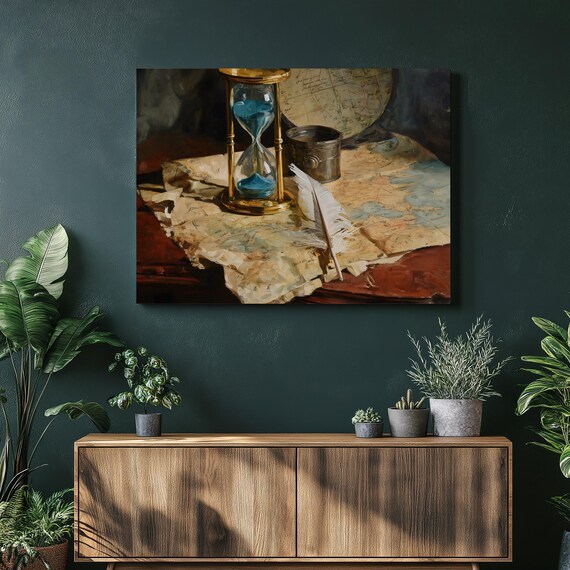 Vintage Exploration Hourglass Canvas Wall Art Antique Map Still Life Painting Print Quill Pen Inkwell Cartography Decor History Gift