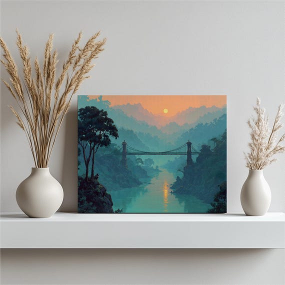 Sunset Mountain Bridge Canvas Wall Art Colorful Suspension River Landscape Print With Golden Light Reflection And Misty Peaks