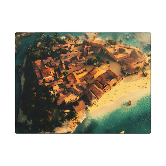 Aerial Tropical Island Village Terracotta Roofs Beach Drone View Poster