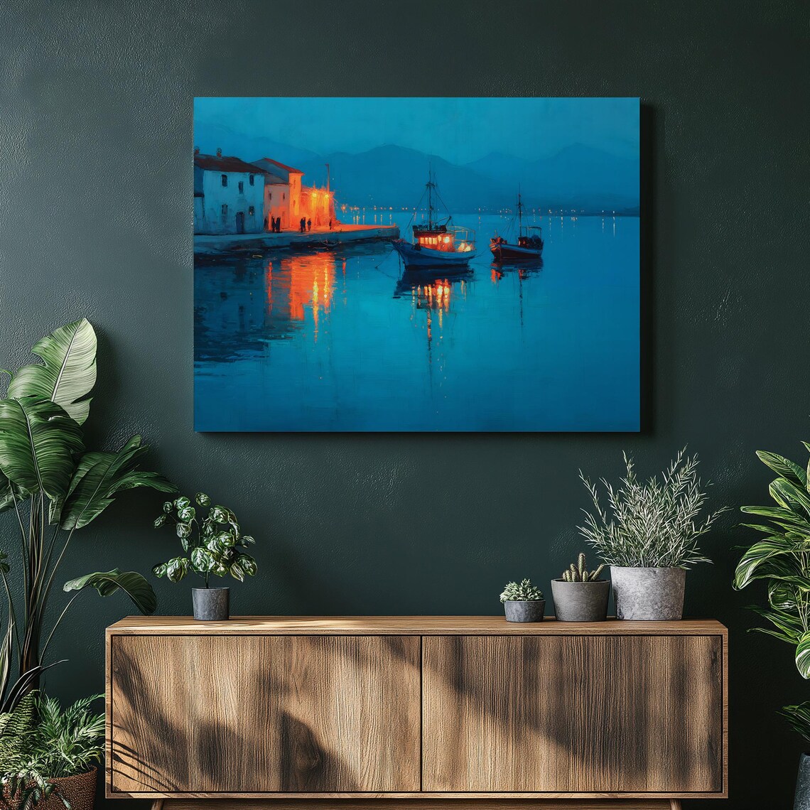 Night Harbor Fishing Boats Under Blue Twilight Warm Light Reflections Poster