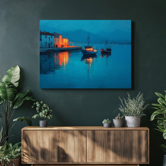Night Harbor Fishing Boats Under Blue Twilight Warm Light Reflections Poster