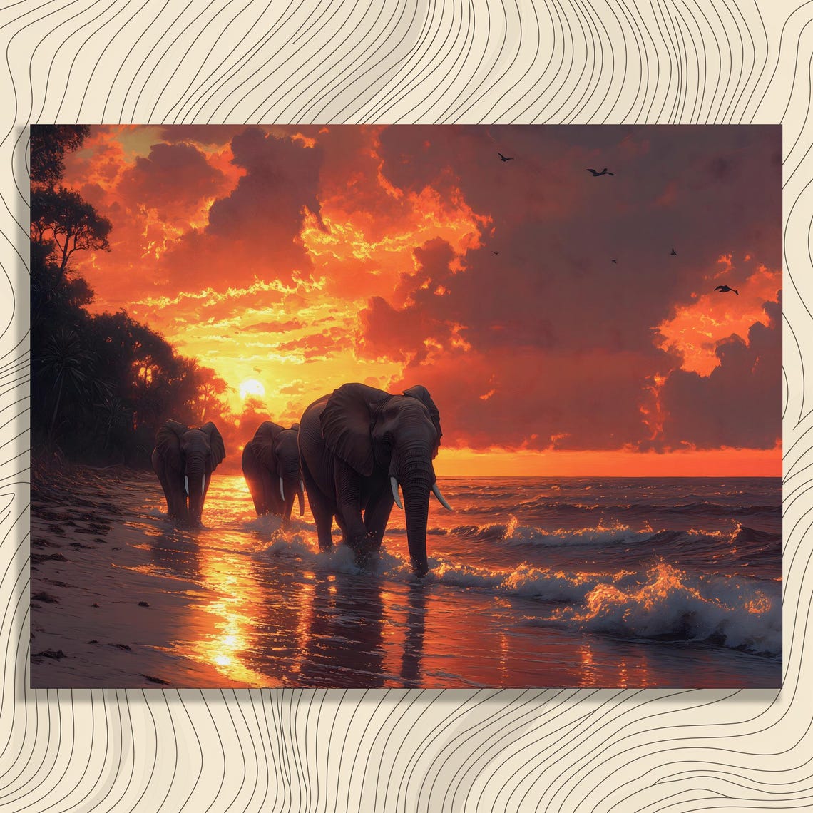 Elephants On Beach At Sunset Dramatic Orange Sky Wildlife Poster