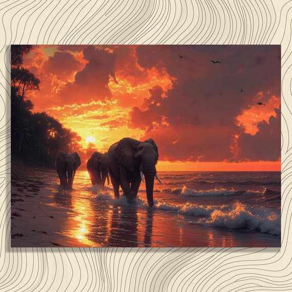 Elephant Sunset Beach Canvas Wall Art Tropical Coastal Print With Ocean Wave Reflections Wildlife Nature Decor Vibrant Sky Shoreline Scene