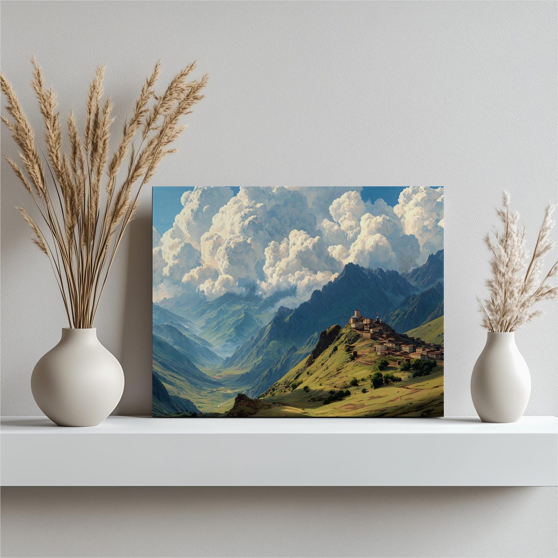 Himalayan Mountain Village Landscape Dramatic Clouds Painting Poster