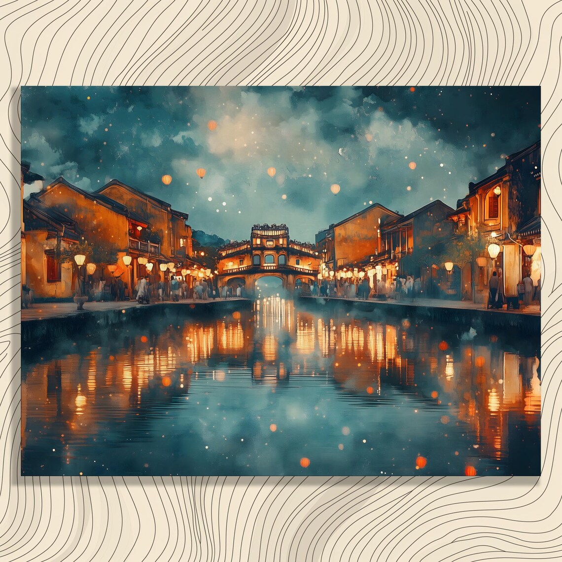 Glowing Lantern Old Town Canal Night Watercolor Travel Style Poster