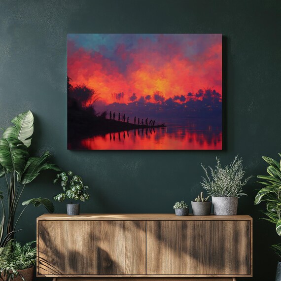 Fiery Tropical Sunset Silhouette With Palm Trees River Reflection Poster