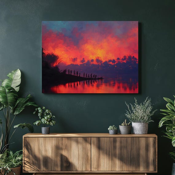 Tropical Sunset Silhouette Canvas Wall Art Vibrant River Reflection With Palm Trees Colorful Landscape Contemporary Print Village Sky