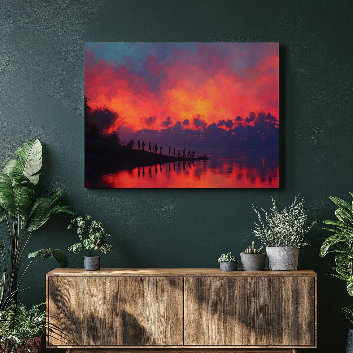 Fiery Tropical Sunset Silhouette With Palm Trees River Reflection Poster