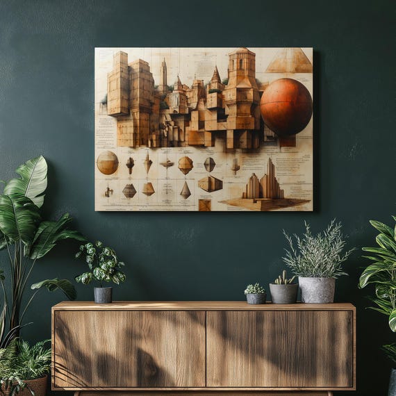 Geometric Architecture Canvas Wall Art Sepia Architectural Blueprint With Towers Cubes And Sphere Math Diagram For Office Decor Gift