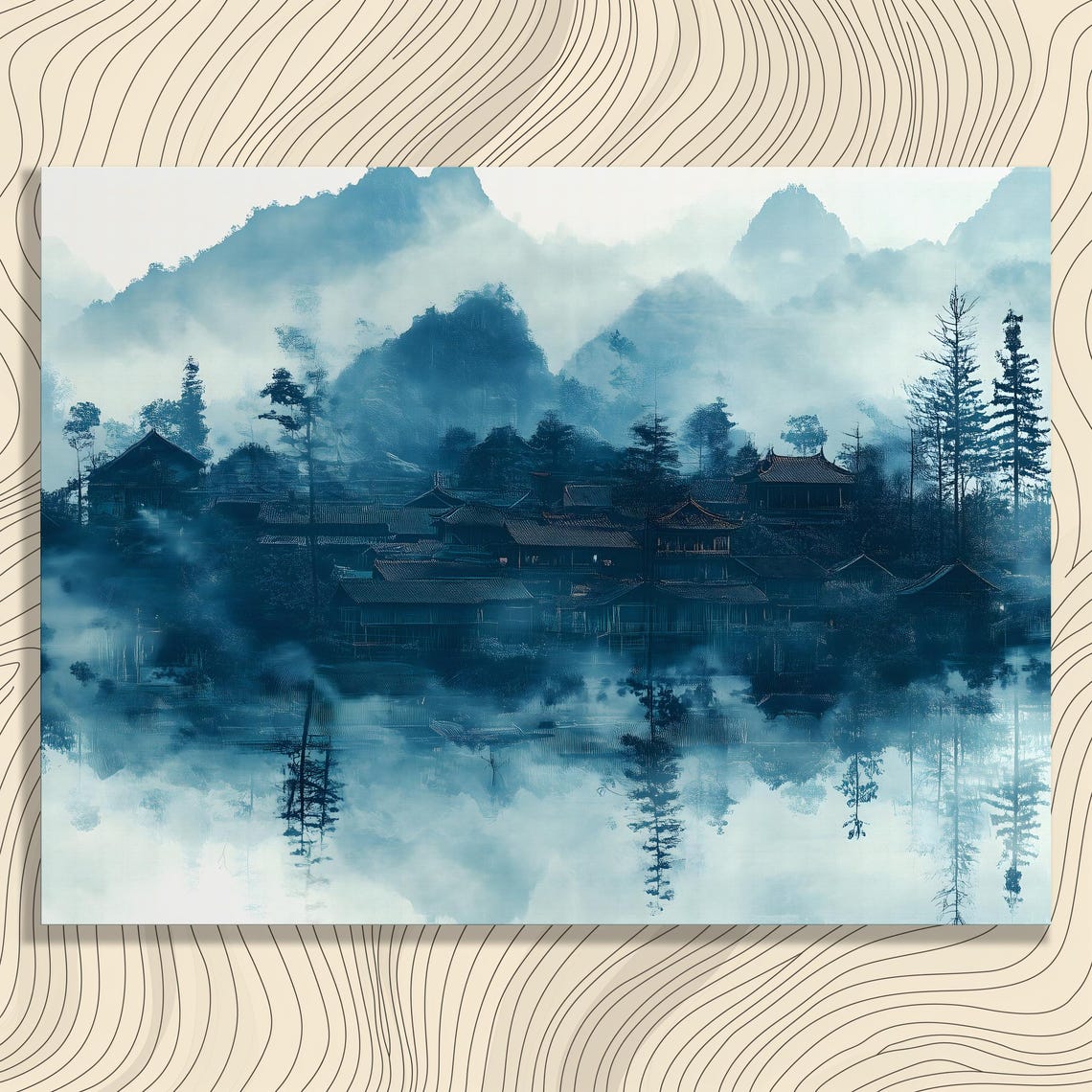 Misty Blue Mountain Village Pagoda Lake Reflection Art Poster