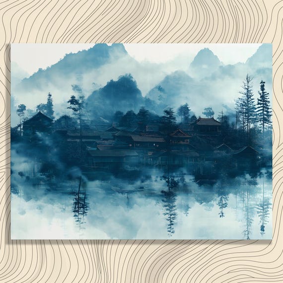 Misty Mountain Village Canvas Wall Art Serene Blue Lake Reflection Landscape With Asian Rooftops Tranquil Nature Scene For Home Decor