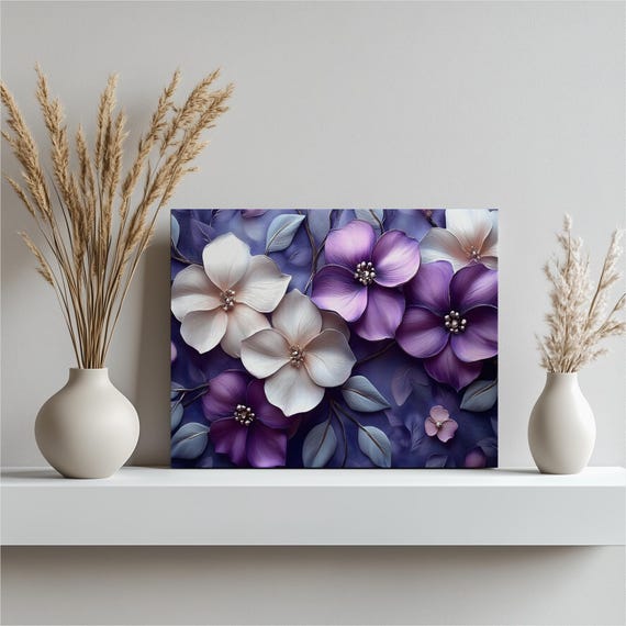 Purple Flower Bouquet Canvas Wall Art Elegant Botanical Blooms With Textured Petals In And Ivory Floral Print For Home Decor