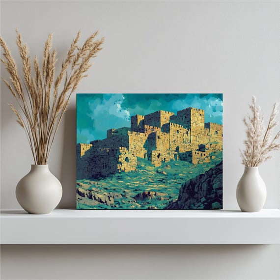 Ancient Ruins Stone Fortress Canvas Wall Art Modern Desert Landscape Print Illustration Historical Architecture Artwork