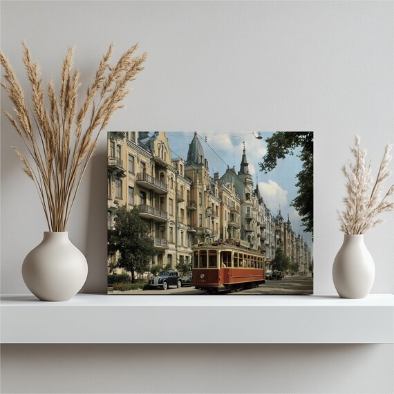 Vintage Tram Cityscape Canvas Wall Art Nouveau Architecture European Street Print Red Trolley Urban Decor Auto Gift