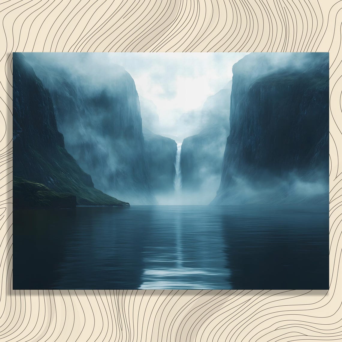 Serene Fjord Waterfall Misty Cliffs Calm Water Landscape Poster