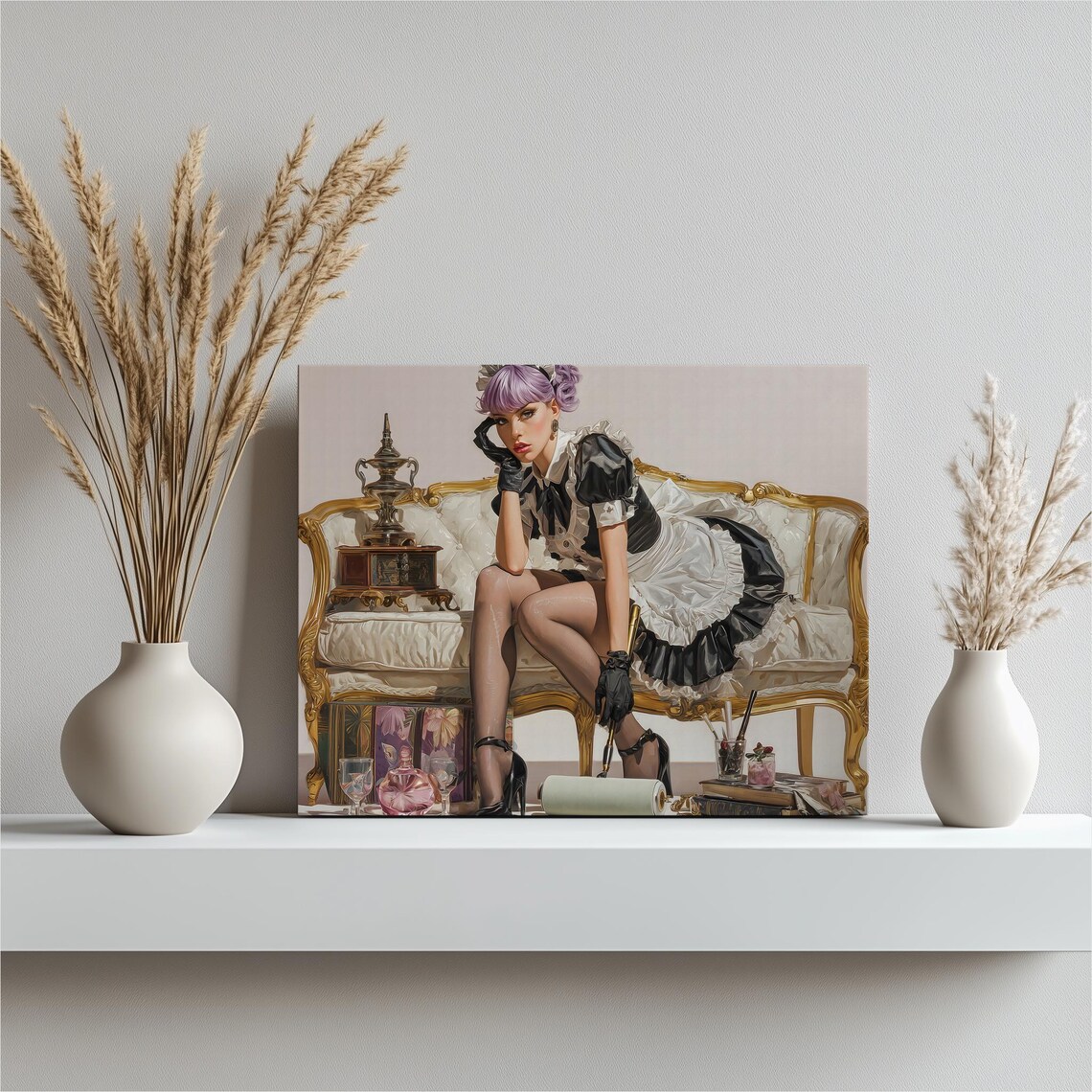 Retro French Maid Pinup With Lavender Hair White Sofa Wall Art