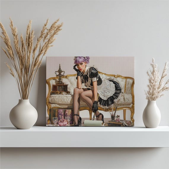 Retro French Maid Canvas Wall Art Vintage Pinup Painting Print Victorian Glamour Decor Illustration Antique Books Perfume Boudoir Gift