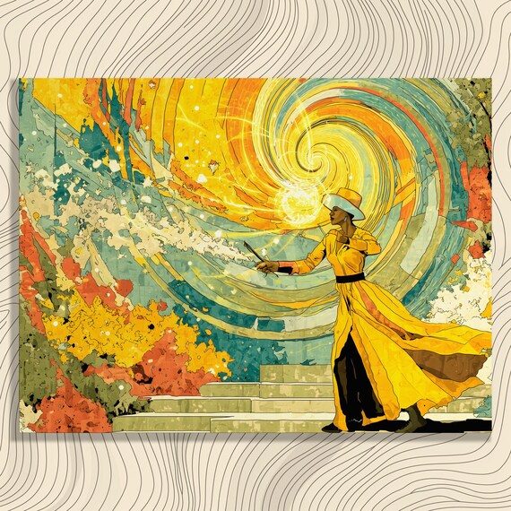 Enchanting Magical Canvas Wall Art Abstract Print With Cosmic Energy Vortex Artwork And Yellow Swirl For Fantasy Lovers