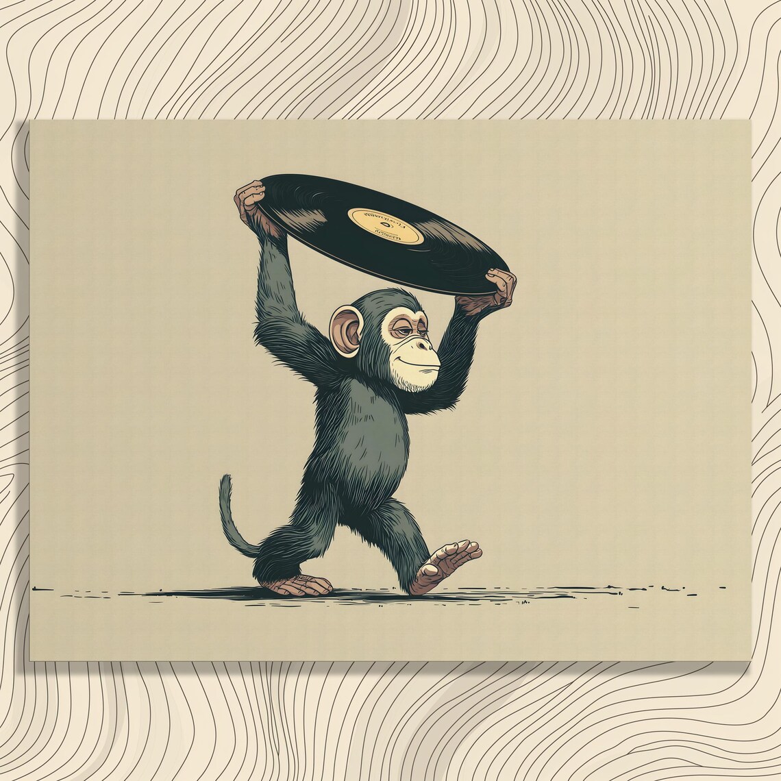Retro Monkey Carrying Vinyl Record Chimpanzee Music Lover Art Poster