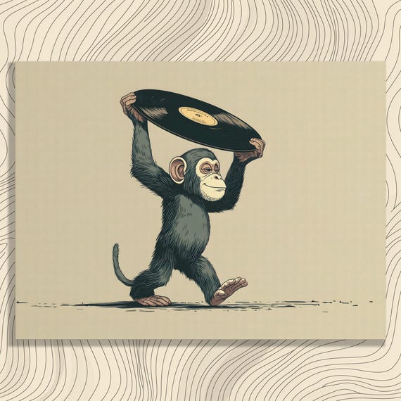 Retro Monkey Vinyl Canvas Wall Art Chimpanzee Holding Record Music Decor Beige Print Dj Animal Illustration Gift For Lovers