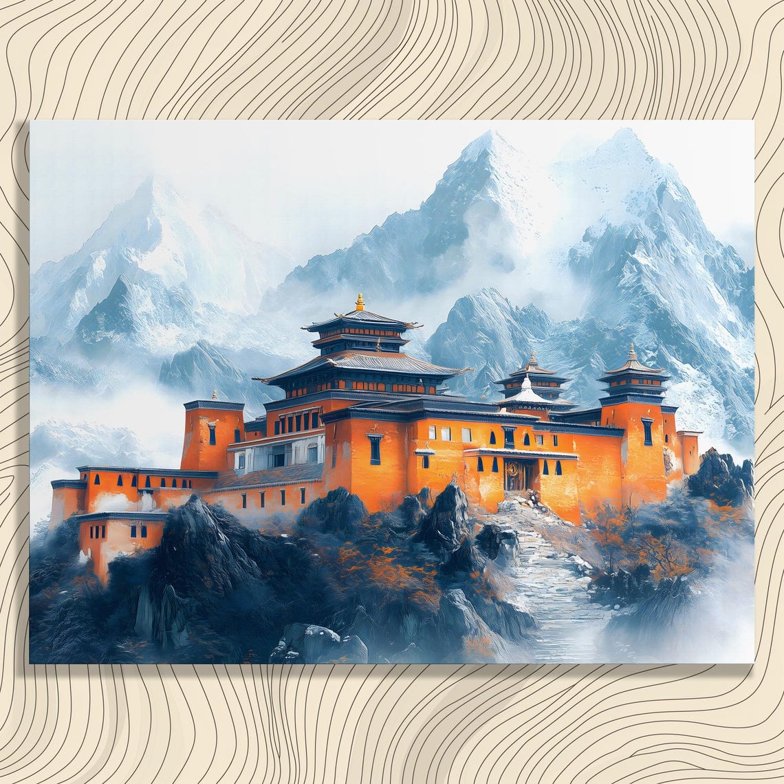 Orange Himalayan Monastery in Snowy Mountains Serene Asia Art Poster