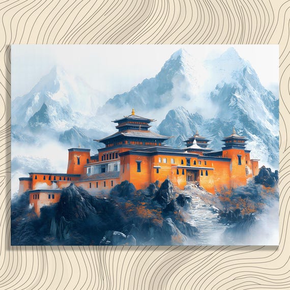Majestic Himalayan Monastery Canvas Wall Art Traditional Mountain Painting Landscape Decor Print For Travelers And Spiritual Seekers