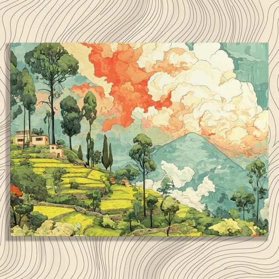 Vibrant Landscape Canvas Wall Art Boho Impressionism Terraced Hillside With Mountain Views And Colorful Clouds Countryside Charm