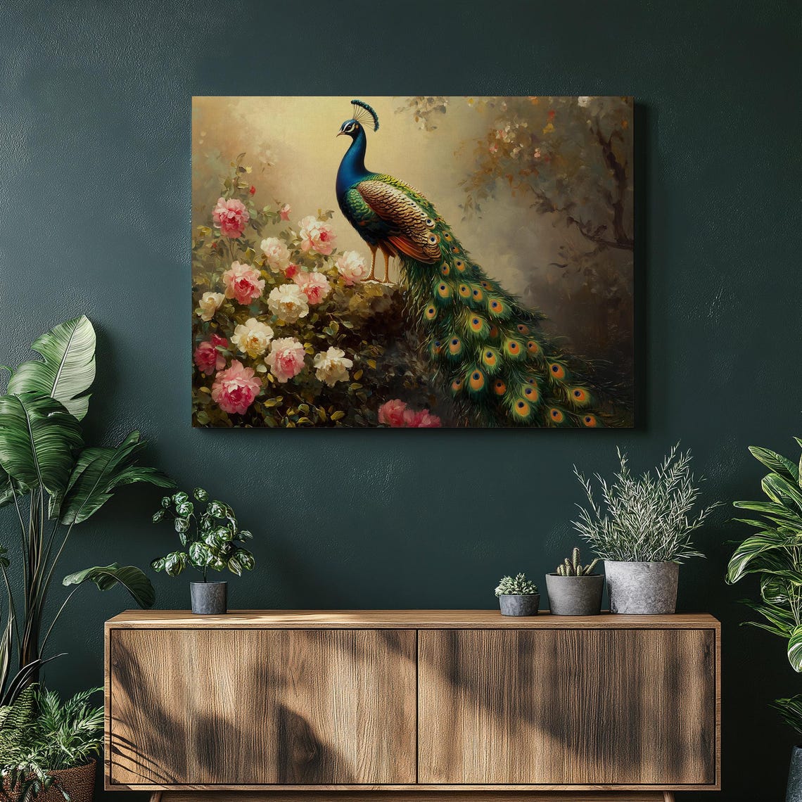 Regal Peacock White Blossom Floral Painting Graceful Wall Art