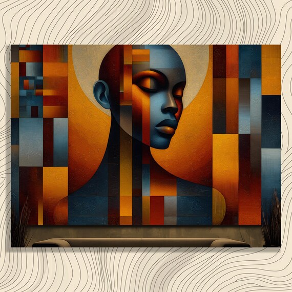 Cubist Woman Profile Geometric Portrait Orange Blue Modern Art Poster